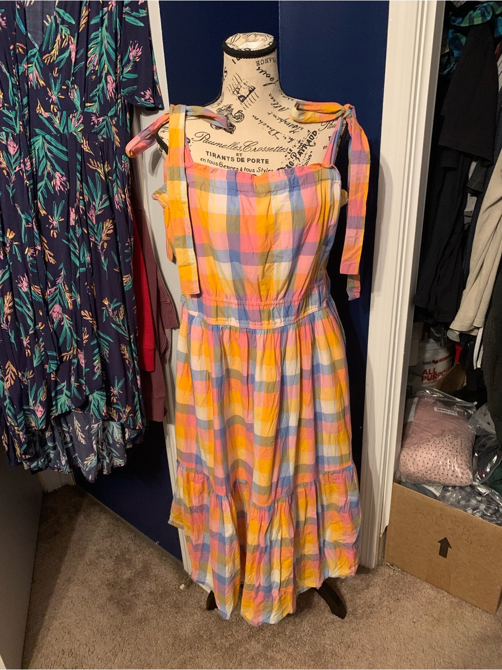 Pastel Check Tie-Shoulder Midi Dress in Yellow & Pink